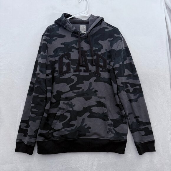 GAP Hoodie Mens M Gray Camo Logo Spell Out Embroidered Pullover - Picture 1 of 8